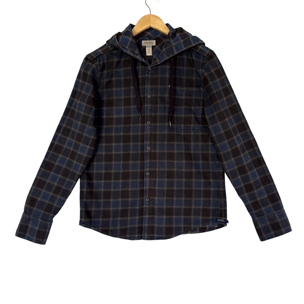 Diesel Mens Shirt Blue Black Plaid Hooded Flannel Shacket Button Up L Epaulettes